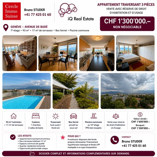Appartement traversant 3 pièces à vendre à Genève